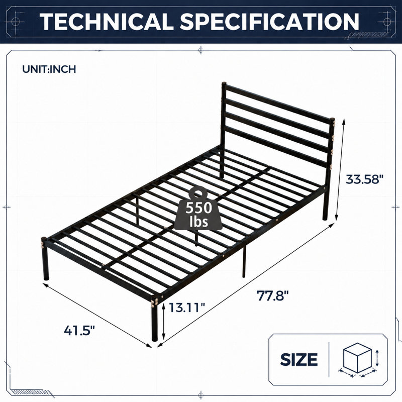 Sommier plateforme de lit plateforme en métal robuste avec grand espace de rangement sous le lit, fabrication stable et durable