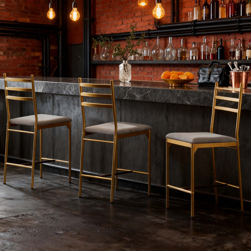 Counter Height Bar Stools with PU Upholstered Seat and Metal Frame for Kitchen Island, Counter Bar, Dining Room, Gray, Gold