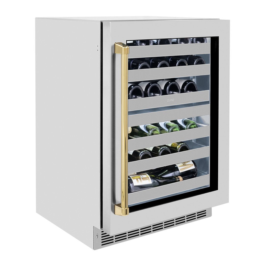 ZLINE 24 In. Touchstone Wine Cooler w/ Stainless Steel Glass Door and Polished Gold Handle ZLINE