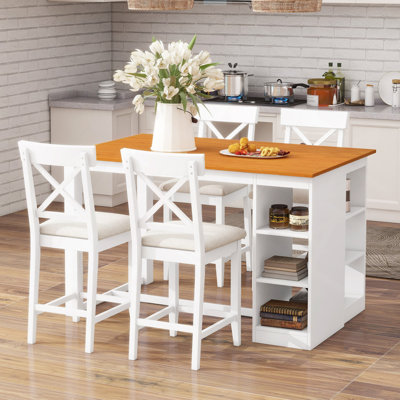 Ensemble de table de salle à manger à hauteur de comptoir en bois massif 60 po x l 30 po avec tablettes de rangement à 3 niveaux et chaises rembourrées pour 4, 5 pièces