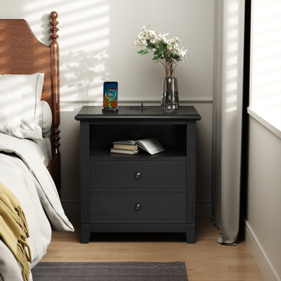 Table de chevet 2 tiroirs en bois massif avec rangement et tablette ouverte, 2 prises de courant intégrées, 1 port USB et 1 port de type C (ensemble de 2)