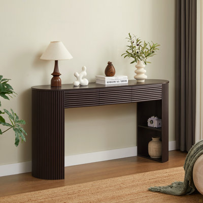 Console rétro avec rangement, 3 tiroirs, 1 pied de table, esthétique à lattes rondes, entrée, salon et couloir, espresso