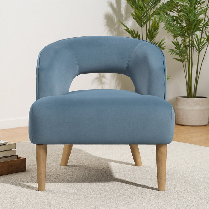 Fauteuil d'appoint luxueux en velours bleu, siège moelleux, pieds en bois de noyer clair massif, style contemporain, Bleu