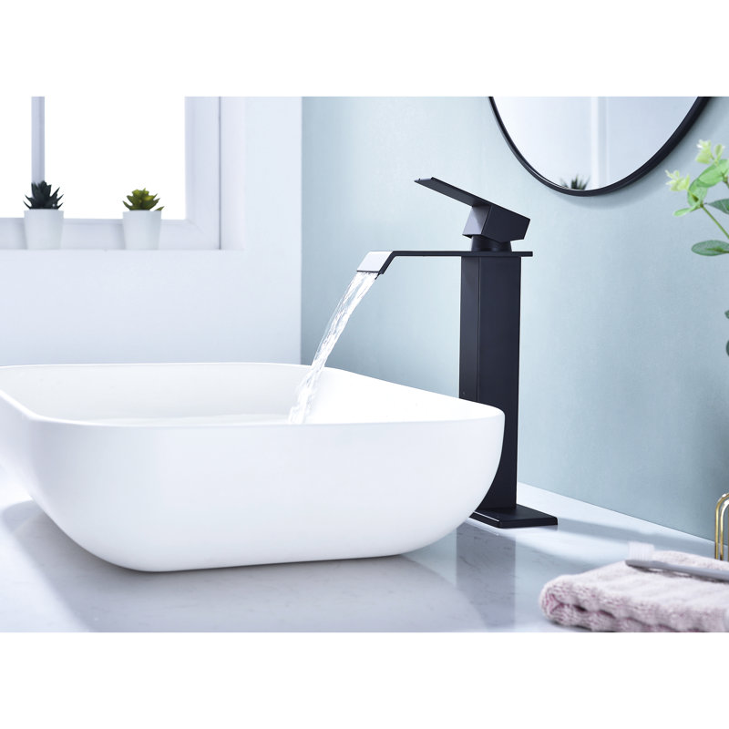Robinet de salle de bain avec bec cascade, poignée à un trou, acier inoxydable noir mat et accrédité, rouille, aérateur de 1,2 gallon par minute, bonde escamotable, 500 000 cycles, débit, assemblage