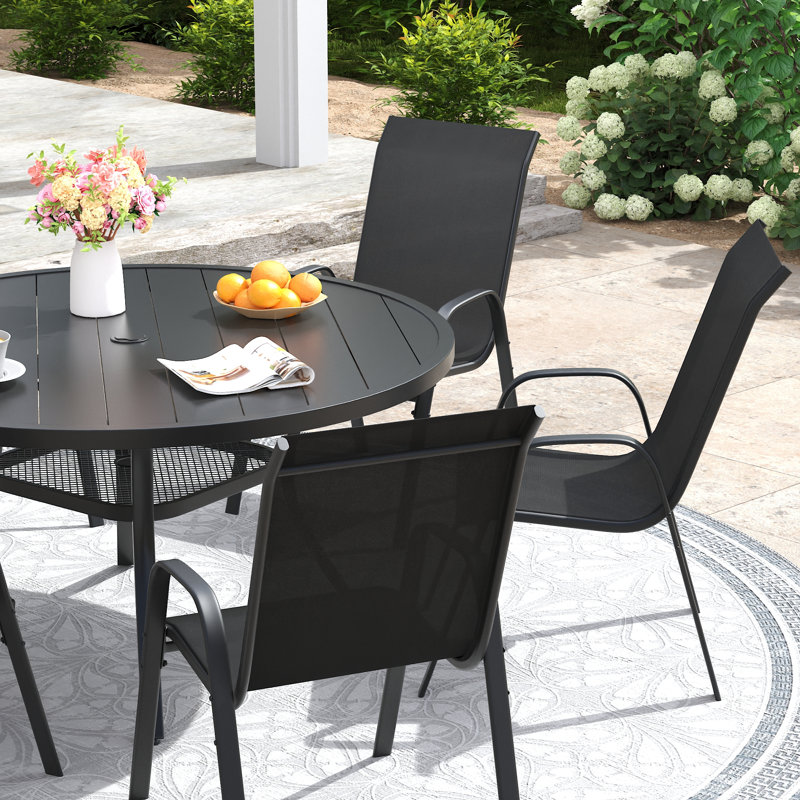 Ensemble repas pour patio 6 personnes avec chaises empilables, H 28 po x l 47,2 po x P 47,2 po, Noir, 6