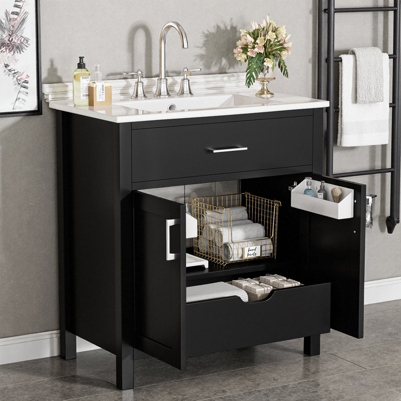 Meuble-lavabo noir 30 po avec lavabo en céramique, Noir