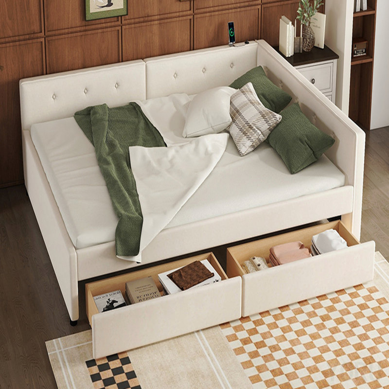 Lit plateforme double tapissier avec USB et 2 tiroirs, beige