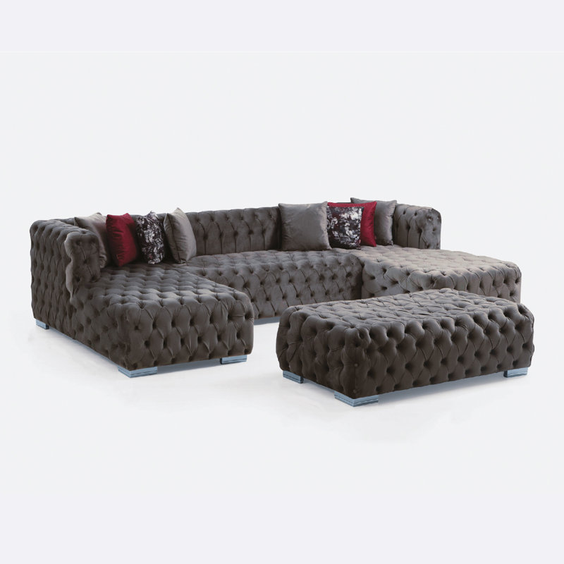 Verble 126" Wide Symmetrical Sofa & Chaise, Gray Velvet, Gray