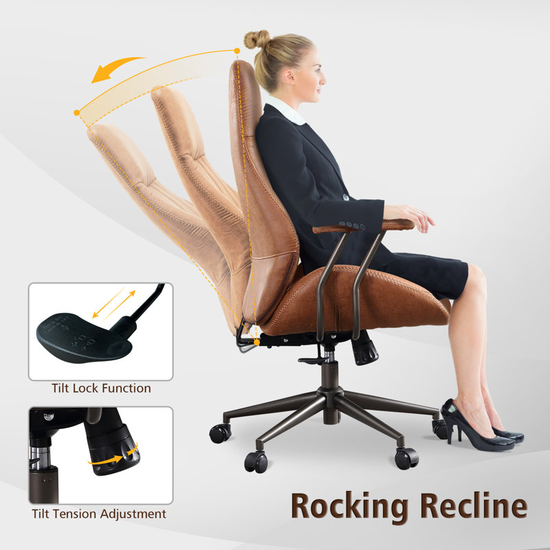 Albaugh Ergonomic Office Chair, High Back Swivel Rolling Executive Chair, Mid-Century Faux Lether with Lumbar Support, Large Computer Desk Task Chair with Suede Fabric for Home