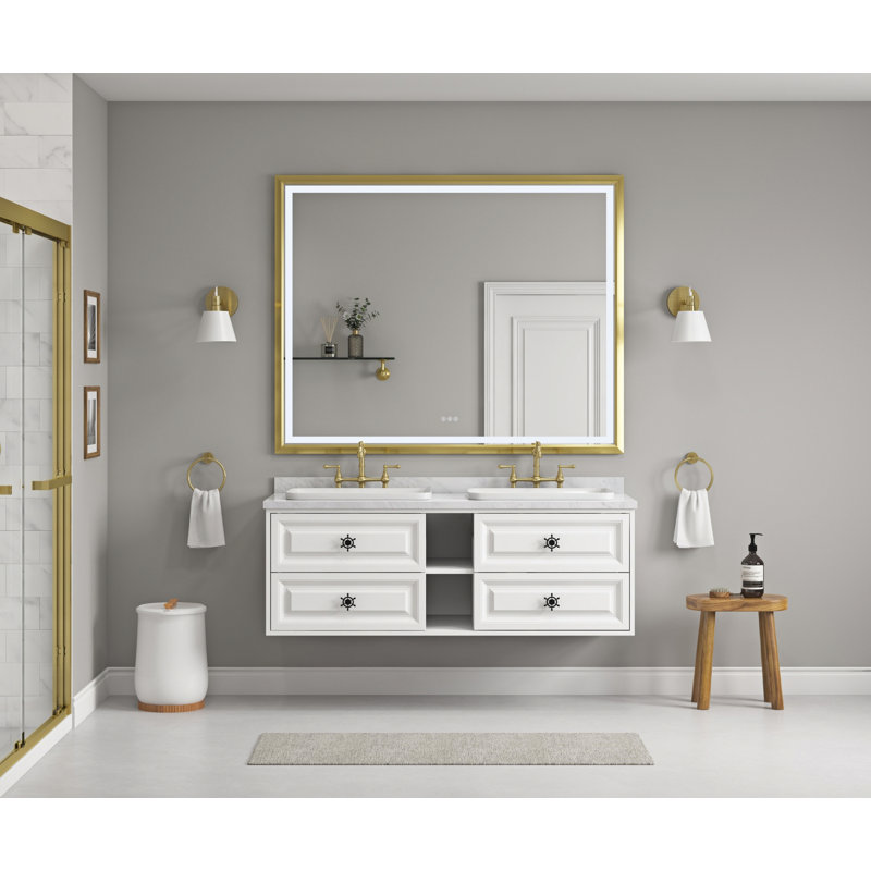Miroir de salle de bain à DEL avec cadre en aluminium, miroir de meuble-lavabo mural rectangulaire, Or brossé, 48 po x 72 po