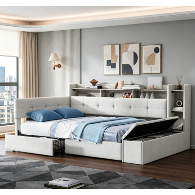 Lit de jour simple rembourré avec repose-pieds de rangement, tablettes, tiroirs, chargement USB et lumière DEL, beige