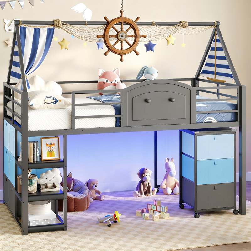 Low Loft Bed with Movable Desk and 9 Drawers & Storage Ladders Shelves LED House beds for kid, Blue