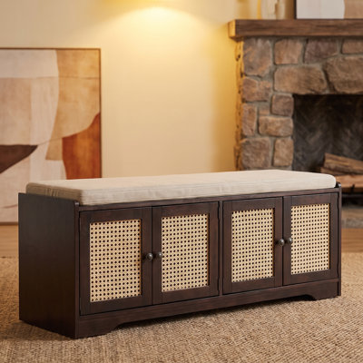 Banc de rangement rustique avec portes en rotin tissé, 2 tablettes réglables et coussin amovible - Banc à chaussures multifonctionnel pour le couloir, le salon et le vestibule