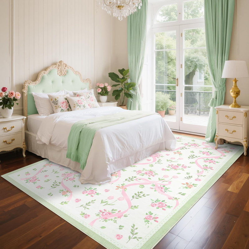 Tapis décoratif lavable, Rectangulaire 8 pi x 10 pi, Green/Pink