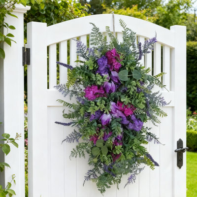 1 pièce de faux feston suspendu en forme de goutte, guirlande de tulipes mauves artificielles de 17,7 x 9,84 pouces, décoration intérieure et extérieure