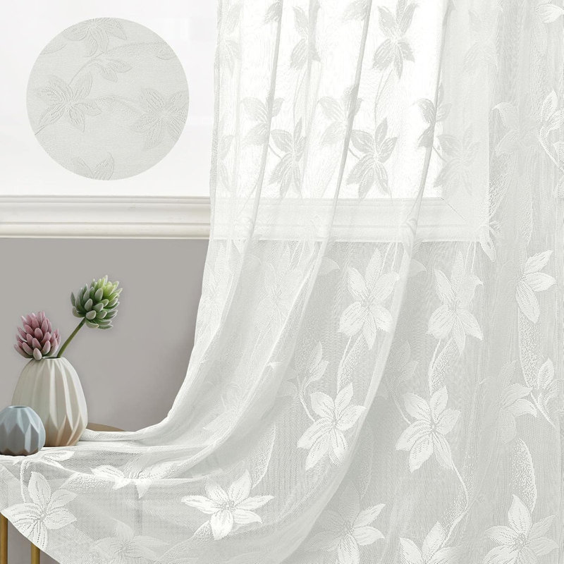 2 Panels Floral Lace Sheer Curtains - Elegant Design Rod Pocket Boho Chic Decor Window Voile Sheer Drapes Farmhouse Style for Bedroom and Living Room