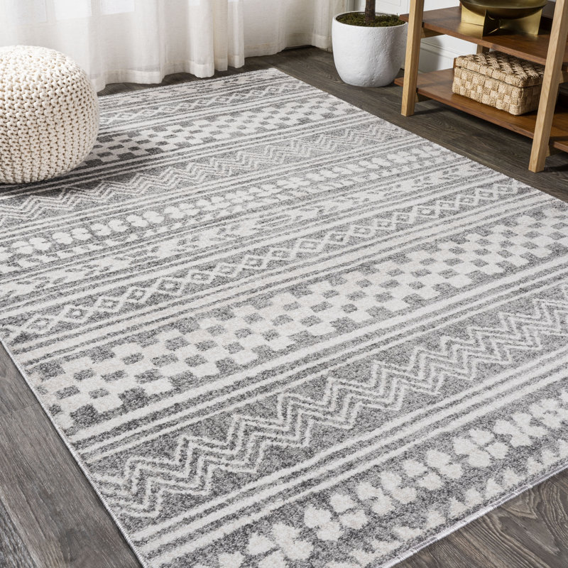 Imlil Tribal Geometric Stripe Light Gray/Cream Rug, Rectangle 3' x 4'8"