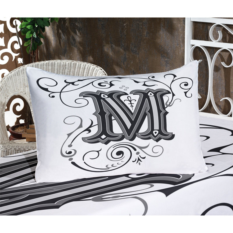 Ambesonne Letter M Fitted Sheet & Pillow Sham Black Grey White, King Sheet Set + 5 Additional Pieces