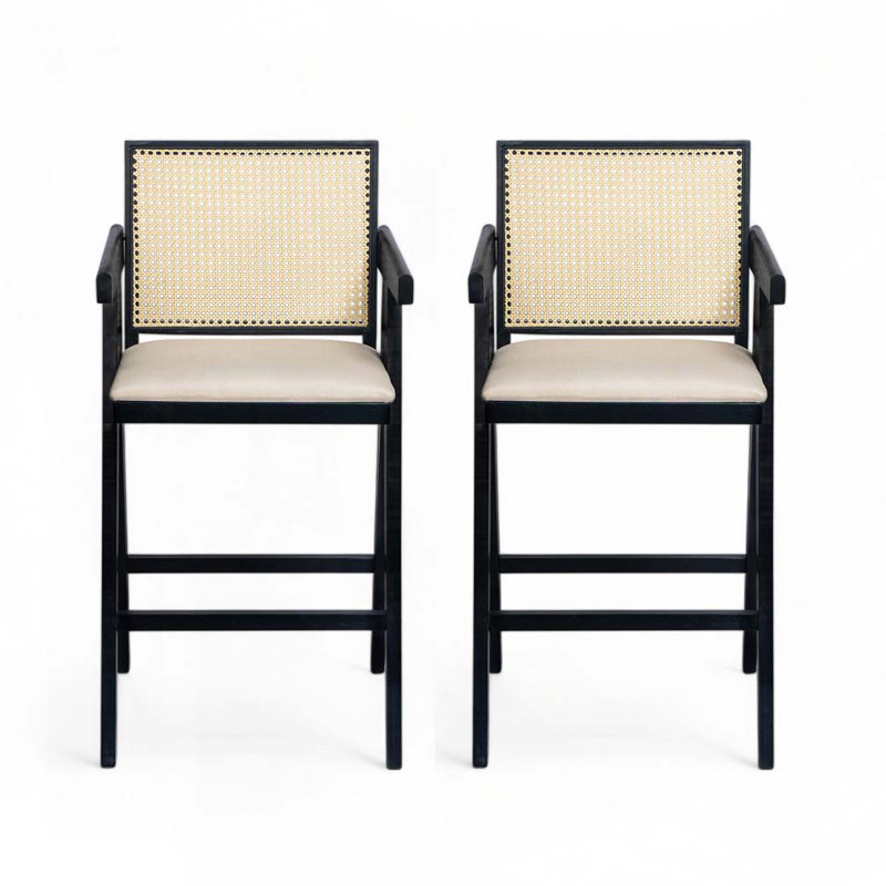 Tabouret de bar en plastique tissé, Gris crème, Noir/naturel