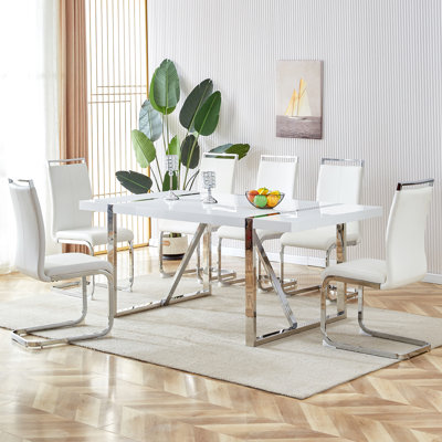 7-Piece American 71" Modern Rectangular Dining Set, White MDF Table with Chrome Geometric Metal Legs & Upholstered Faux Leather Chairs