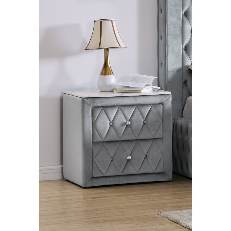 Table de chevet 1pc 2 tiroirs avec finition capitonnée gris capitonné