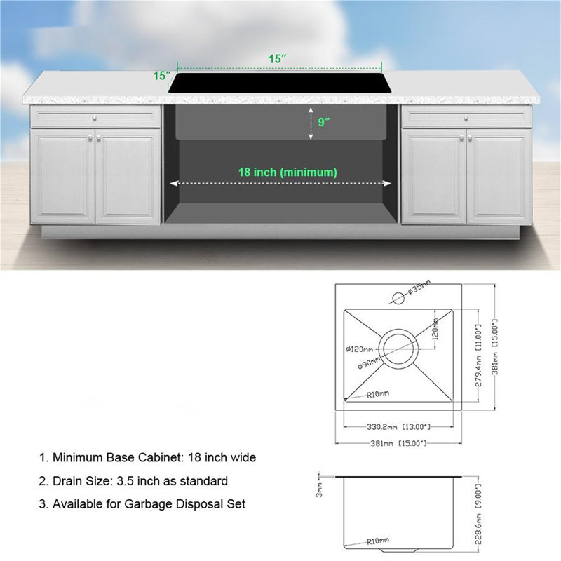 Évier de cuisine en acier inoxydable à montage sur plan - éviers encastrables de 15 po de calibre 16 15 x 15 x 9 po