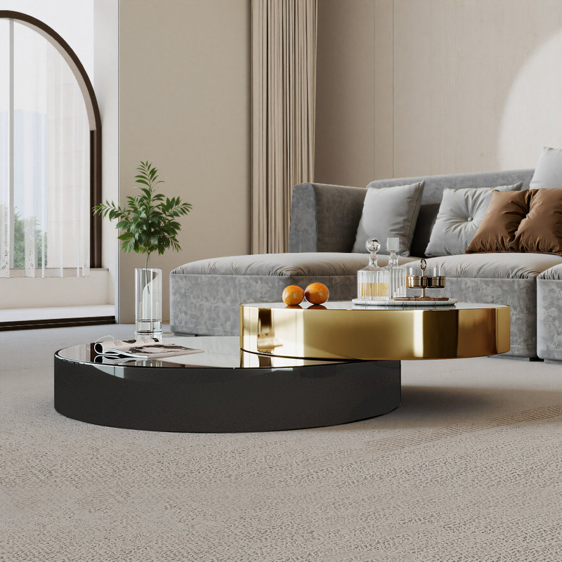 Modern Coffee Table with Mirror Black Glass Top and Stainless Steel Frame, Stylish and Durable for Living Room