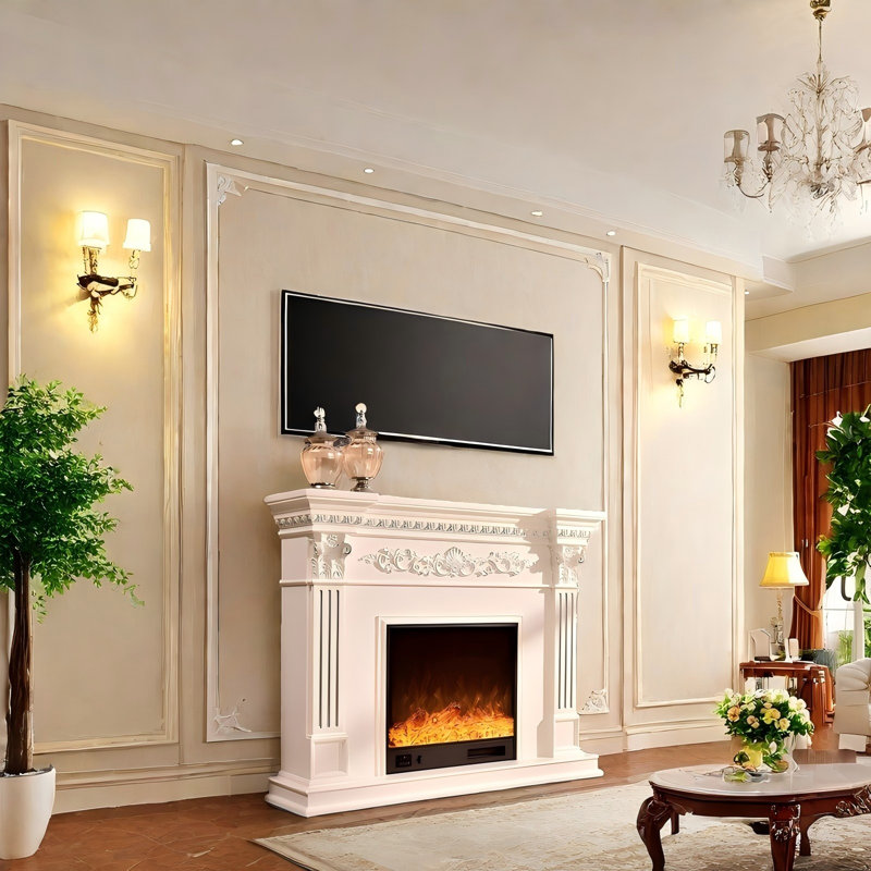 Ivory White Landscape Electric Fireplace With Decoration and Heating, 45.67" H x 59.06" W x 12.99" D, Ivory White