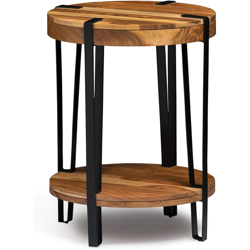 Tindal Ryegate Solid Acacia Wood & Metal Round End Table with Bottom Shelf – Rustic Modern Design