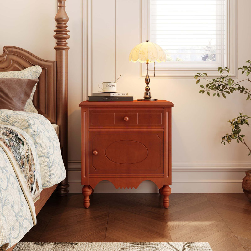 Table de chevet sculptée vintage avec tiroir et garde-robe, Dark Brown