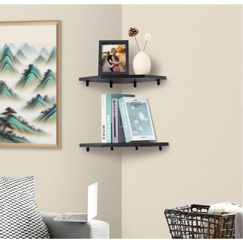 Floating Corner Shelves Set Of 2, Rustic Wood Wall Mounted Shelf Organizer For Living Room, Bedroom, Bathroom, Kitchen, Black