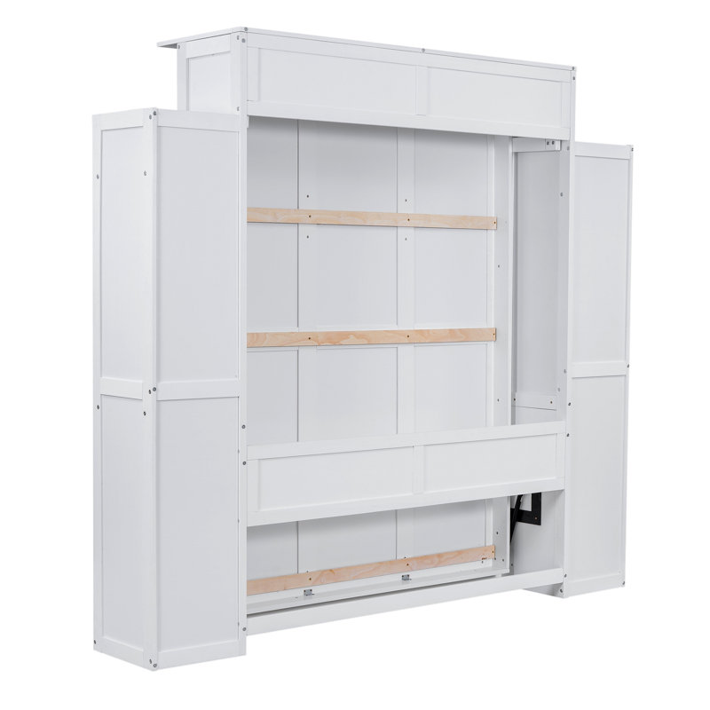 Murphy Bed Wall Bed With Shelves And LED Lights, Blanc, Grand lit