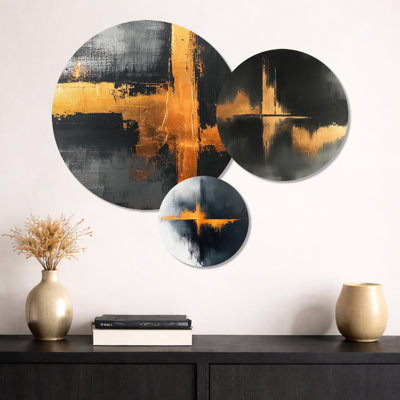 «Black and Gold Converge Dream I - Abstract Line Art», art mural en métal 3 pièces