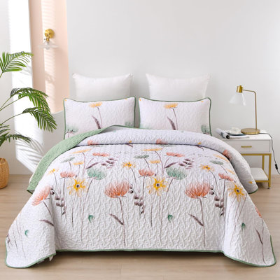 3 Pieces Floral Quilt Set Lightweight Farmhouse Style Coverlet Sets For All Season
