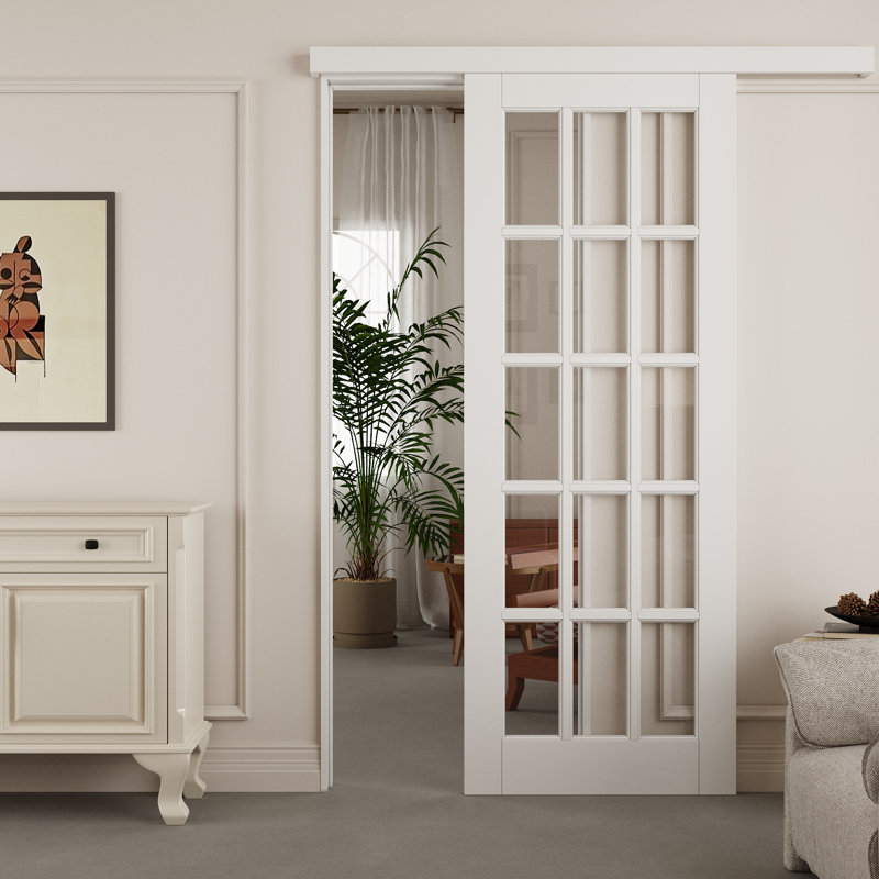 Porte de grange en verre transparent apprêté blanc prêt à installer avec quincaillerie d'installation prête à installer