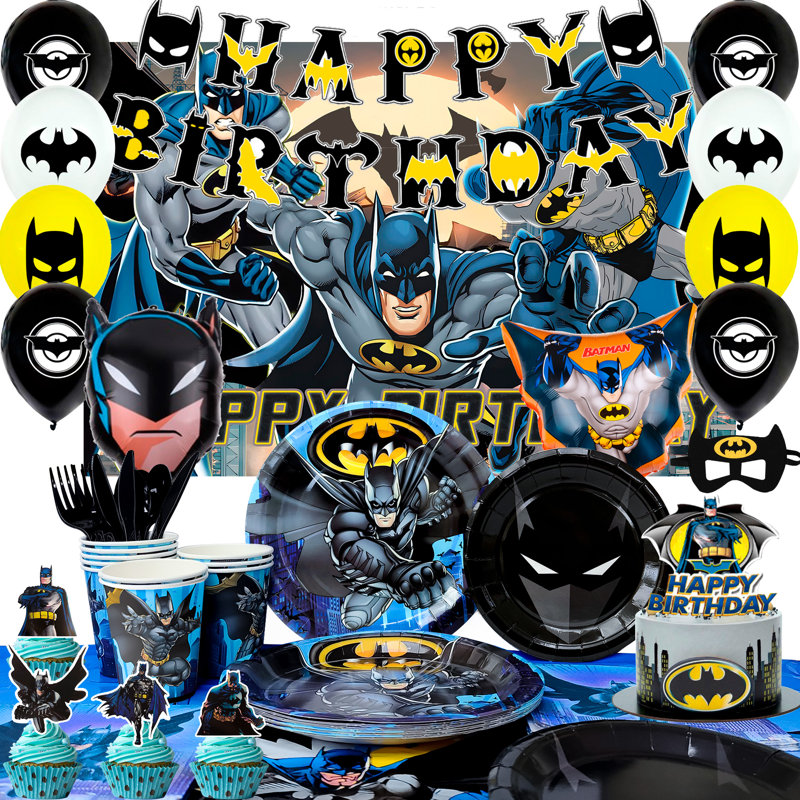 Décorations de fond de fête Batman, ensemble de 115 décorations d'anniversaire Batman et ensemble de vaisselle de fête Batman