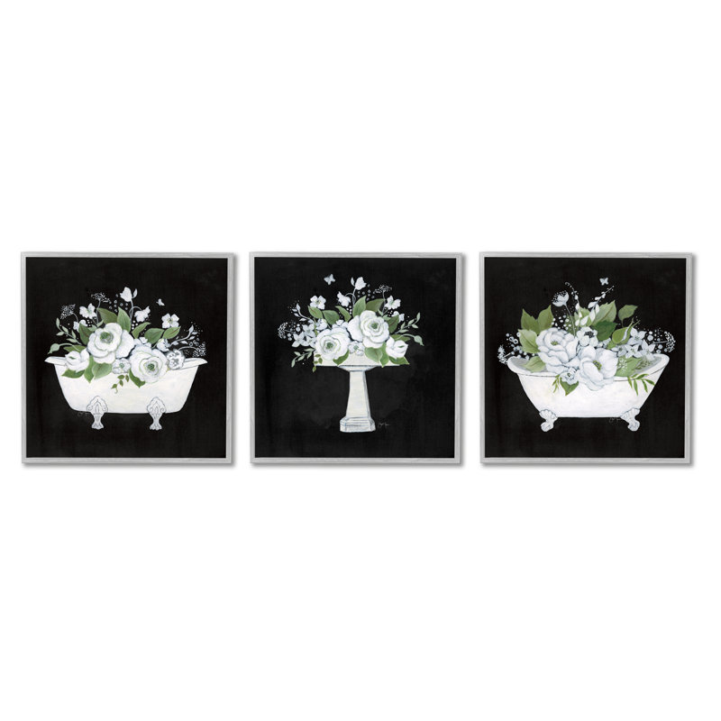 «A3-220-Rustic Bathroom Florals» encadré sur bois par 3 pièces par Janet Tava, H 17 po x l 17 po x P 1,5 po