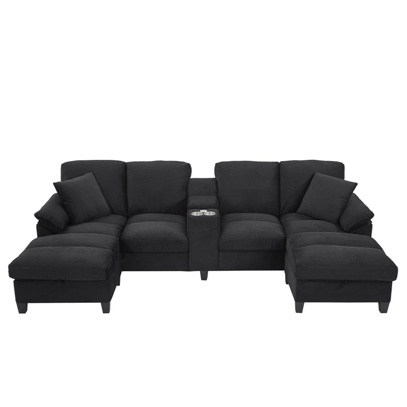 U-shaped Sectional Sofa (Black), Black Corduroy