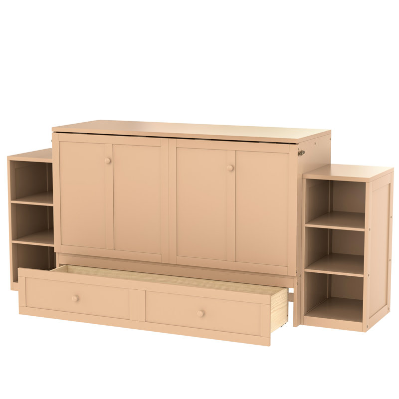Grand lit escamotable avec tiroirs et tablettes de rangement spacieux. Idéal pour les chambres d'amis ou les chambres compactes.