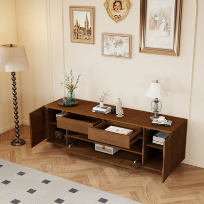 Meuble télé 59 po avec meuble télé moderne avec rangement ouvert, armoires et tiroirs, console de télévision incurvée pour salon et bureau
