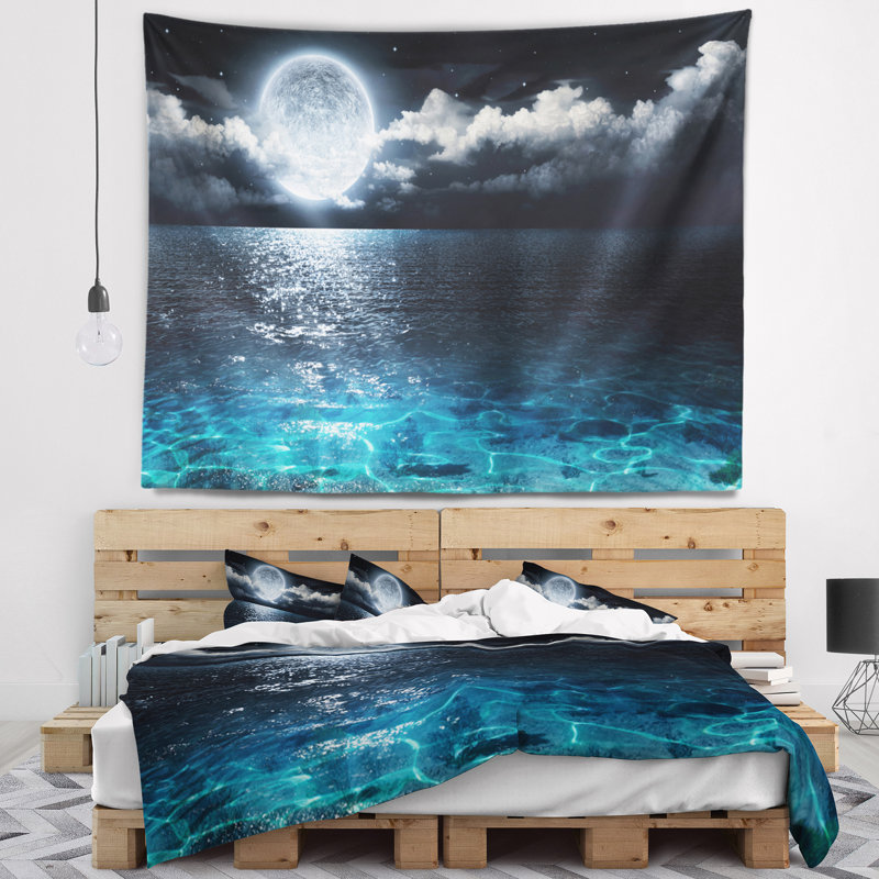 Tapisserie pleine lune sur mer seascape romantique, H 50 po x l 60 po