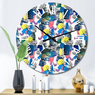 Blue And Yellow Brush Strokes - Patterned Wall Clock
