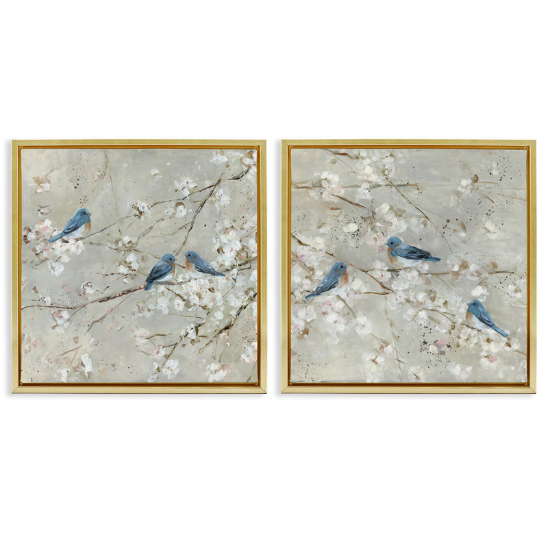 Ensemble de 2 toiles flottantes Blue Birds, H 18 po x l 18 po, Cadre flottant métallique doré