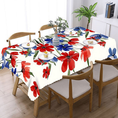 Red Blue Watercolor Flower Memorial Day 60 x 120 in Scalloped Edge Rectangular Table Cloth for Parties
