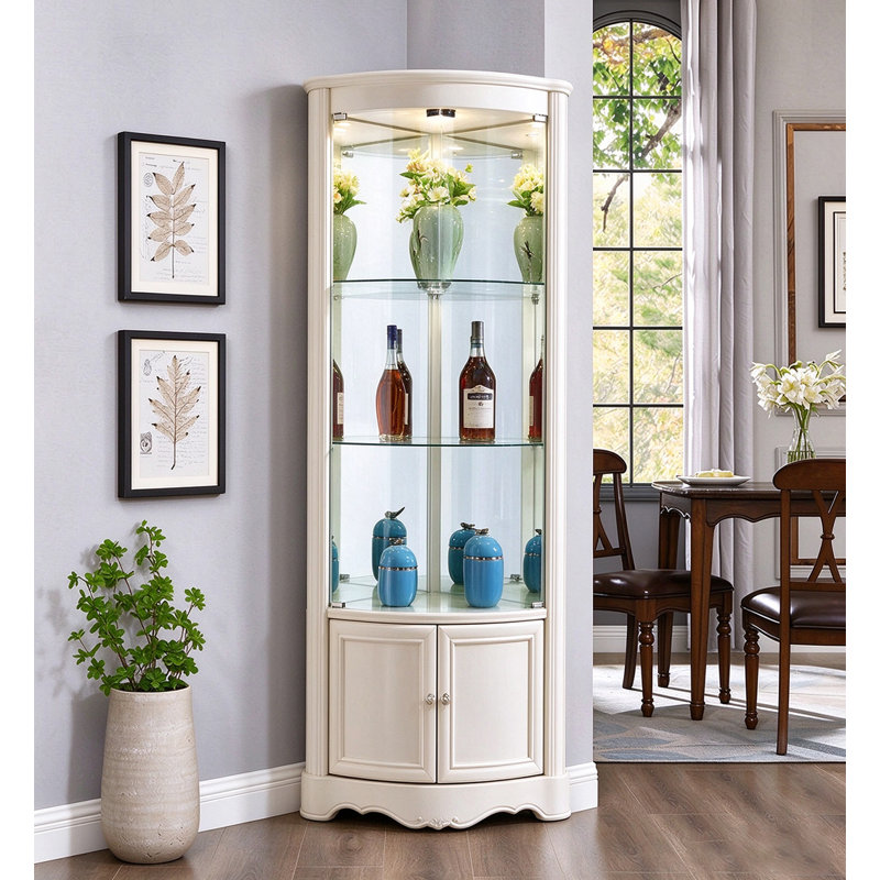 Armoire à vin de coin courbée et éclairée avec tablettes en verre trempé