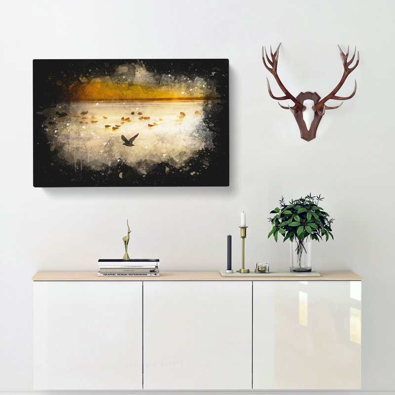 Birds On The Beach Paint Splash - Wrapped Canvas Print, 40cm H x 60cm W x 4cm D