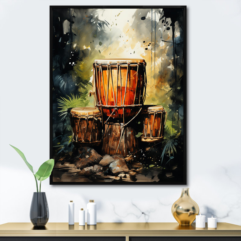 Percussion Drum Tamtam In Jungle 1 - Music Wall Art, Black Floater Framed, 44" H x 34" W x 1.5" D