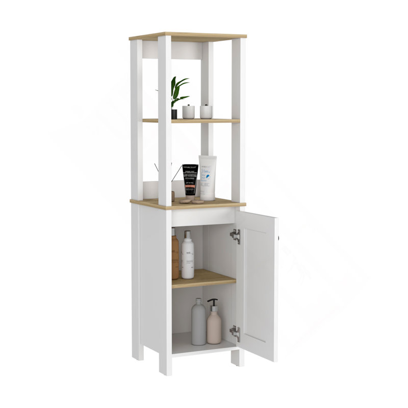 Linen Cabinet, Two Interior  Shelves, Two Open Shelves, Single Door, White/Light Brown
