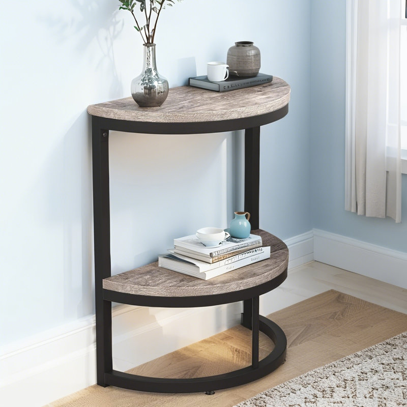 Half Round End Table, Narrow Side Table with Metal Frame, Gray
