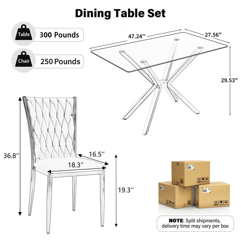 Table de salle à manger rectangulaire 47,24 "en verre trempé transparent avec chaises en velours 4/6, pieds en métal, moderne pour la cuisine, la salle à manger, le salon